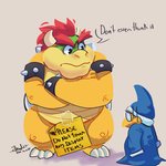 anthro belly clothing duo eyewear glasses hat headgear headwear male overweight overweight_male robe simple_background text said_the_saisio mario_bros nintendo bowser kamek koopa magikoopa scalie 1:1 2020 english_text