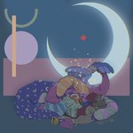 anthro bedding blanket blue_background comfy cozy duo eyes_closed female grin lying male male/female moon multicolored_body open_mouth permagrin pillow pink_background plushie purple_body red_body relaxing simple_background size_difference sleeping smile spade_tail tail blushing_yokai asian_mythology east_asian_mythology japanese_mythology mythology tobias_weatherby animate_inanimate dragon living_plushie mythological_creature mythological_scalie scalie yokai