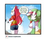 2021 absurd_res anthro big_breasts big_butt braixen bray_(lucyfercomic) breasts butt canid clothing dialogue duo english_text female gardei_(lucyfercomic) gardevoir generation_3_pokemon generation_6_pokemon hat headgear headwear hi_res humanoid lucyfercomic mammal may_(pokemon) nintendo pokemon pokemon_(species) red_eyes rosa_(pokemon) text