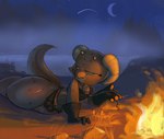 anthro bedroom_eyes campfire collar female freckled_arms freckled_face freckled_legs freckled_thighs freckles freckles_on_shoulders hi_res inviting kobold narrowed_eyes nature nature_background piko_(simplifypm) seductive sky slideshowart solo tail thick_thighs