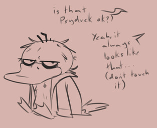 answering anthro asking asking_another beak black_eyes brown_background brown_beak brown_body brown_clothing brown_coat brown_feathers brown_tail brown_topwear clothed clothing coat dialogue feathers feet female female_anthro half-closed_eyes looking_at_viewer membrane_(anatomy) messy_fur narrowed_eyes no_pupils offscreen_character open_clothing open_coat open_topwear simple_background sitting sleeves_past_fingers solo tail text tired_eyes toes topwear webbed_feet insert-thenewbl-here nintendo pokemon detective_psyduck fan_character generation_1_pokemon pokemon_(species) psyduck 2025 character_name digital_drawing_(artwork) digital_media_(artwork) english_description english_text sketch female_(lore)
