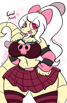 accessory anthro bat_(object) big_breasts bottomwear bow_ribbon breasts clothing female hair hair_accessory hair_bow hair_ribbon huge_breasts legwear midriff navel red_eyes ribbons shirt skirt solo stockings tail topwear white_hair yellow_body lewdchuu nintendo pokemon carol_(lewdchuu) arbok generation_1_pokemon pokemon_(species) shiny_pokemon hi_res
