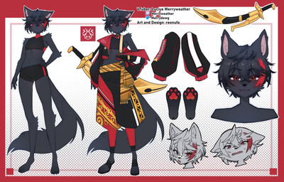 4_toes anthro black_bottomwear black_clothing black_footwear black_jacket black_nose black_pants black_shirt black_shorts black_topwear border bottomwear clothing digitigrade feet footwear front_view fur grey_body grey_fur grey_hair hair jacket long_legs male melee_weapon pants pawpads pupils red_border red_bottomwear red_clothing red_eyes red_hair red_jacket red_pants red_pawpads red_topwear shirt shorts simple_background smile solo standing sword text toes topwear weapon white_background reonufa lucius_merryweather canid canine canis domestic_dog mammal 2024 english_text hi_res model_sheet