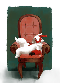 anthro biped chair fur furniture kemono red_body red_fur sitting solo white_body white_fur kuriusagi nintendo pokemon generation_3_pokemon pokemon_(species) zangoose 2015 absurd_res hi_res