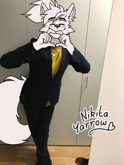 5_fingers anthro biped closet clothing eyes_closed fingers fur hair heart_fingers male smile smiling_at_viewer solo suit tail tied_hair white_body white_fur white_fur_tuft white_hair white_tail nikitayarrow nikita_(nikitayarrow) canid canine canis mammal wolf 2025 3:4 absurd_res hi_res photo_manipulation watermark