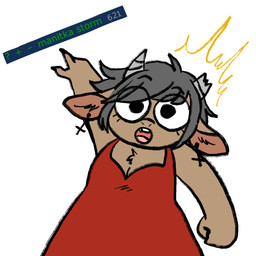 621_(number) anthro breasts broken_horn brown_body brown_fur chest_tuft claws clothed clothing cross cross_ear_piercing cross_piercing dress ear_piercing emanata female fur grey_hair grey_horn hair horn inverted_cross inverted_cross_ear_piercing inverted_cross_piercing open_mouth piercing red_clothing red_dress short_hair simple_background small_breasts solo tag_count teeth tongue tuft white_background manitka e621 two_soyjaks_pointing manitka_storm bovid bovine cattle mammal 1:1 2025 digital_media_(artwork) hi_res