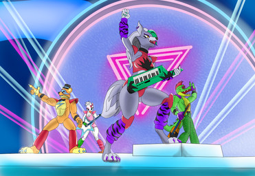 anthro beak breasts clothed clothing concert ear_piercing eyewear female fur green_body group guitar hair machine male mohawk muscular muscular_male musical_instrument open_mouth piercing plucked_string_instrument red_hair ring_piercing string_instrument tail teeth alessandrasnek five_nights_at_freddy's five_nights_at_freddy's:_security_breach scottgames steel_wool_studios glamrock_chica glamrock_freddy montgomery_gator roxanne_wolf alligator alligatorid animatronic avian bear bird canid canine canis chicken crocodilian galliform gallus_(genus) mammal phasianid reptile robot scalie wolf absurd_res digital_media_(artwork) hi_res