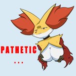 anthro big_breasts breasts cleavage clothed clothing collar female frown fur holding_breast nude orange_body orange_fur red_body red_eyes red_fur simple_background solo text white_body white_fur yellow_body yellow_fur nutfurre nintendo pathetic_(meme) pokemon canid canine delphox fox generation_6_pokemon mammal pokemon_(species) 1:1 absurd_res english_text hi_res meme