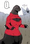 ambiguous_gender anthro big_breasts breasts claws cleavage cleavage_cutout clothed clothing cutout duo female heart_eyes heart_symbol huge_breasts keyhole_turtleneck non-mammal_breasts sharp_teeth simple_background solo_focus sweater teeth text topwear turtleneck what white_background garayann godzilla_(series) toho godzilla spacegodzilla kaiju scalie 2014 english_text hi_res