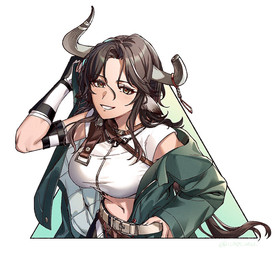 accessory belt breasts broken_horn brown_hair clothing crop_top eyebrows eyelashes female furgonomics green_eyes hair horn horn_accessory jacket long_hair looking_at_viewer midriff navel shirt smile solo topwear oxy_(ho2) arknights hypergryph studio_montagne wind_chimes_(arknights) animal_humanoid bovid bovid_humanoid bovine bovine_humanoid cattle_humanoid humanoid mammal mammal_humanoid hi_res