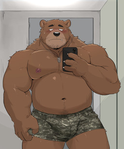 anthro army army_clothing barazoku belly biceps big_belly big_muscles big_pecs biped blush blush_lines bodily_fluids body_hair briefs briefs_only brown_body brown_fur camo camo_clothing camo_print camo_underwear cellphone chest_hair claws clothed clothing dog_tags door electronics facial_hair frown frowney_face fur green_briefs green_clothing green_underwear hand_on_leg holding_object holding_phone looking_at_object looking_at_phone male male_anthro manly military military_clothing mirror mirror_selfie musclegut muscular muscular_anthro muscular_male nipples pattern_clothing pattern_underwear pecs phone scratching selfie soldier solo stubble sweat sweatdrop sweaty_arms sweaty_belly sweaty_body sweaty_chest sweaty_face sweaty_legs taking_picture thick_arms thick_neck thick_thighs topless underwear underwear_only warrior warr bear brown_bear grizzly_bear mammal ursine absurd_res hi_res