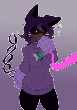 2_tails bell bell_collar breast_squeeze breasts brown_body clothed clothing collar confusion entwined_tails female front_view glowing glowing_eyes hair hand_behind_back long_ears multi_tail neutral_expression oversized_clothing oversized_topwear patch_(fabric) purple_ears purple_hair question_mark short_hair solo squeezing sweater symbol_on_clothing tail tail_coil tentacles topwear whiskers wide_hips yumenomasuta fini_(luckyfini) domestic_cat felid feline felis humanoid mammal absurd_res hi_res