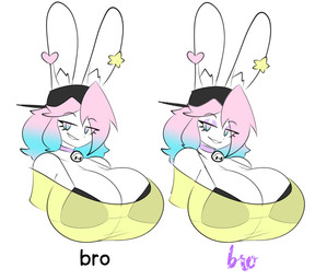 anthro bare_shoulders bell bell_collar big_breasts black_baseball_cap black_bikini_top blue_eyes blue_hair breasts cleavage clothed clothing collar comparison eye_through_hair eyebrow_through_hair eyebrows eyelashes eyeshadow female fur furgonomic_baseball_cap furgonomic_hat furgonomic_headwear furgonomics hair huge_breasts inner_ear_fluff jingle_bell jingle_bell_collar long_ears makeup multicolored_eyes multicolored_hair pink_eyes pink_hair purple_eyeshadow simple_background solo text topwear translucent translucent_hair tuft two_tone_eyes two_tone_hair white_background white_body white_fur yellow_clothing yellow_topwear theycallhimcake pb_(theycallhimcake) lagomorph leporid mallkin mammal rabbit 2024 bust_portrait digital_drawing_(artwork) digital_media_(artwork) english_description english_text portrait busty_boy_(lore) male_(lore)