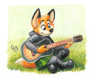 4_fingers acoustic_guitar anthro biped black_nose clothed clothing female fingers fully_clothed fur grass guitar musical_instrument orange_body orange_fur orange_tail plant playing_music plucked_string_instrument simple_background smile solo string_instrument tail pandapaco rock_dog darma_(rock_dog) canid canine fox mammal 2019 colored_pencil_(artwork) full-length_portrait portrait signature traditional_media_(artwork)