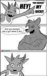 2023 absurd_res anthro bovid caprine clothed clothing comic crossed_arms dialogue duo gesture goat hand_gesture hi_res horn humor hyena jarnqk linus_(jarnqk) male mammal meme muscular muscular_male open_mouth pointing sharp_teeth shirt shocked_tails tails_gets_trolled tank_top teeth topwear