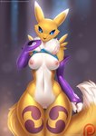 2017 anthro areola armwear bandai_namco barely_visible_genitalia barely_visible_pussy belly big_breasts biped black_nose blue_eyes blue_pupils blue_sclera bottomless breasts bridal_gauntlets butt butt_from_the_front canid canine claws clothed clothing clothing_lift confusion countershade_torso countershading curvy_figure digimon digimon_(species) digital_media_(artwork) dipstick_tail doomthewolf eyelashes facial_markings female front_view fur genitals glistening glistening_body head_markings hi_res leg_markings mammal markings multicolored_tail navel neck_tuft nipple_dip nipples patreon patreon_logo patreon_username portrait pupils purple_markings pussy question_mark renamon shirt shirt_lift small_waist solo standing tail tail_markings tattoo text thick_thighs thigh_gap thigh_markings three-quarter_portrait topwear tuft two_tone_tail url voluptuous white_belly white_body white_fur white_pussy wide_hips yellow_body yellow_fur