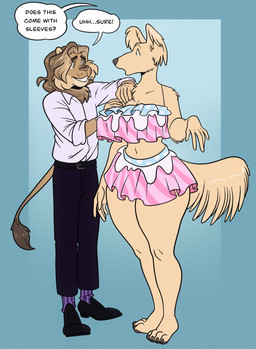 4_toes 5_fingers anthro black_nose blonde_mane bottomwear breasts clothed clothed_anthro clothed_female clothed_male clothing duo feet female fingers fur hindpaw humanoid_hands male male/female mane navel pants paws pink_body pink_fur shirt swimwear tail tan_body tan_fur toes topwear galacticgoodie eugene_(irvingwrites) borzoi canid canine canis domestic_dog felid hunting_dog lion mammal pantherine sighthound hi_res