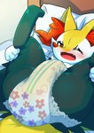 ambiguous_gender anthro bed black_body black_fur blush bodily_fluids braixen clothing crying diaper embarrassed fangs fur furniture generation_6_pokemon genital_fluids hi_res holding_leg inside legs_up looking_at_viewer lying lying_on_bed multicolored_body multicolored_fur nintendo omorashi on_bed one_eye_closed open_mouth pillow pokemon pokemon_(species) pull-ups_(diaper) red_eyes solo spread_legs spreading tail tears teeth urine wadorigi wet_diaper wetting wetting_diaper yellow_body yellow_fur