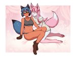 anthro bedroom_eyes blue_body blue_eyes blue_fur blue_hair blush bra brown_body clothing duo female female/female fur hair half_naked hand_on_hip heart_symbol midriff narrowed_eyes navel oversized_clothing oversized_topwear pink_body pink_fur pink_hair seductive shy sports_bra sports_panties topwear underwear white_body yellow_eyes torisa brand_new_animal studio_trigger michiru_kagemori nazuna_hiwatashi canid canine fox mammal raccoon_dog tanuki 2024 absurd_res digital_drawing_(artwork) digital_media_(artwork) hi_res shaded