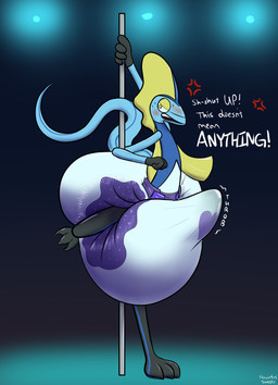 anthro aroused big_diaper blush bodily_fluids dancing diaper diaper_bulge erection erection_in_diaper genital_fluids genitals huge_diaper male penis pole pole_dancing precum solo throbbing throbbing_penis flavorfulsweets nintendo pokemon generation_8_pokemon inteleon pokemon_(species) absurd_res hi_res