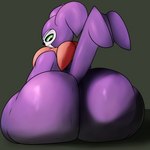 anthro big_butt big_ears black_nose black_sclera butt green_eyes huge_butt kerchief looking_back male purple_body purple_skin raised_tail sitting smile solo tail thick_thighs pleasantlyplumpthiccness bandai_namco digimon digimon_(species) imp impmon 1:1 2022 digital_media_(artwork) hi_res