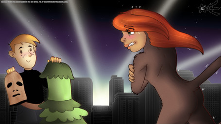 anthro black_hair blush bodily_fluids bottomwear brown_body brown_fur butt city cityscape clothed clothing dress duo embarrassed female freckles fur hair long_hair mask pants running short sky smile standing star starry_sky sweat tail scorpiogustavo disney kim_possible kimberly_ann_possible ron_stoppable haplorhine human mammal monkey primate 16:9 hi_res widescreen