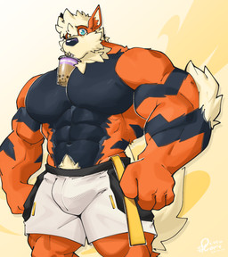 abs anthro barazoku beverage biceps big_muscles big_pecs blue_eyes bottomwear bubble_tea bulge cheek_tuft city clothed clothing drinking drinking_straw facial_tuft fur huge_muscles huge_pecs macro male muscular muscular_anthro muscular_male object_between_pecs pecs text tuft oinu_kori hands-free_bubble_tea nintendo pokemon kori_(oinu_kori) arcanine canid canine generation_1_pokemon mammal pokemon_(species) digital_media_(artwork) english_text hi_res meme