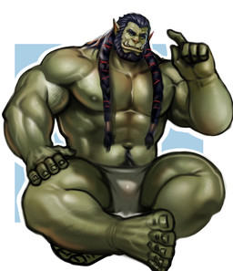 abs beard biceps black_hair bulge clothing facial_hair fangs green_body green_skin hair humanoid_pointy_ears male muscular muscular_humanoid muscular_male nipples pecs pointy_ears solo teeth underwear ylnzei blizzard_entertainment warcraft thrall_(warcraft) humanoid orc absurd_res hi_res