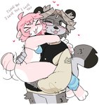 :3 >_< anthro anthro_on_anthro blush bottomless bra carrying_another chin_piercing clothed clothing duo ear_piercing eyes_closed eyewear female fur glasses grey_hair hair hug i_love_you jacket male male/female owo piercing pink_body pink_fur pink_hair romantic romantic_couple simple_background tail tail_motion tailwag text tongue tongue_out topwear underwear white_background catgenderzz starburst_(catgenderzz) yarn_(snowwhisk) domestic_cat felid feline felis mammal pantherine snow_leopard english_text hi_res nonbinary_(lore)