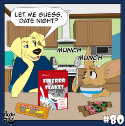 anthro big_ears blue_clothing blue_eyes blue_hoodie blue_topwear border brown_eyes candy candy_bar cereal_bowl cereal_box cereal_mascot clothed clothed_anthro clothed_male clothing cookie cutlery dessert dialogue duo eating eating_food fiber floppy_ears food fully_clothed fully_clothed_anthro fully_clothed_male hoodie humor kitchen kitchen_utensils looking_at_another male piercing shirt sitting speech_bubble spoon t-shirt talking_to_another tools topwear transparent_border ariesartist ben_(ariesartist) roger_(ariesartist) bird_dog canid canine canis domestic_dog fennec_fox fox hunting_dog labrador mammal retriever true_fox absurd_res alpha_channel comic hi_res