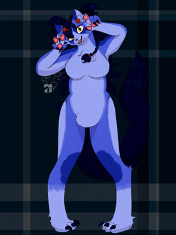 anthro big_breasts blue_body blue_fur bottle_cap breasts claws female fur hair long_hair solo whiskers yellow_eyes thetrashpandagod felid feline mammal 3:4 hi_res