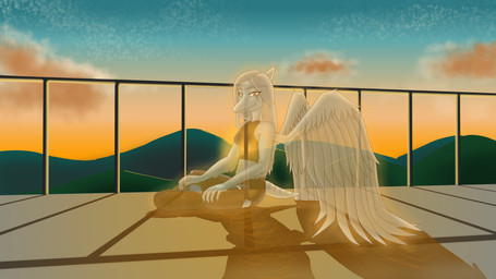 anthro biped black_bottomwear black_clothing black_crop_top black_pants black_shirt black_topwear blue_body bone_frill boots bottomwear breasts clothed clothed_anthro clothed_female clothing cloud crop_top day feathered_wings feathers female fingers footwear frill_(anatomy) grey_body grey_feathers grey_hair hair humanoid_hands long_hair looking_at_viewer medium_breasts mountain non-mammal_breasts orange_eyes outside pants rooftop shadow shirt shoes sitting sky smile solo sunset topwear translucent translucent_body wings areloch cavemanon_studios goodbye_volcano_high ko_op_(game_developer) snoot_game fang_(gvh) ghost prehistoric_species pterodactylus pterosaur reptile scalie spirit 16:9 colored full-length_portrait hi_res portrait shaded widescreen