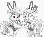 blush blush_lines bow_tie bunny_costume clothing costume cutie_mark duo eyelashes eyes_closed fake_ears fake_rabbit_ears feathered_wings feathers female feral grey_background hair mane pink_eyes semi-anthro simple_background suit tail wings pabbley friendship_is_magic hasbro my_little_pony mythology fluttershy_(mlp) rainbow_dash_(mlp) equid equine mammal mythological_creature mythological_equine pegasus 2023 greyscale hi_res monochrome