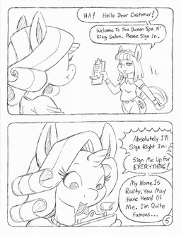 anthro clipboard clothed clothed_anthro clothed_female clothing dialogue duo eyelashes female fully_clothed fully_clothed_anthro fully_clothed_female greeting horn salon spa speech_bubble tail text unicorn_horn circe_(artist) friendship_is_magic hasbro my_little_pony mythology rarity_(mlp) suri_polomare_(mlp) earth_pony equid equine horse mammal mythological_creature mythological_equine pony unicorn comic english_text monochrome