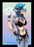 5_fingers anthro black_nose blue_body blue_eyes blue_fur blue_hair bra clothing eyelashes female fingers fur hair markings midriff navel panties simple_background solo spots spotted_body spotted_fur standing text underwear white_body white_fur ei-ka kylani felid mammal prehistoric_species saber-toothed_tiger 2016 alpha_channel english_text