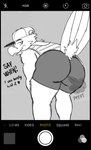 anthro baseball_cap beak big_butt briefs butt camera_view clothing fart fart_cloud fart_fetish feathers hat headgear headwear heart_after_text heart_symbol imminent_pooping looking_at_viewer looking_back looking_back_at_viewer male open_beak open_mouth open_smile pattern_clothing pattern_shirt pattern_tank_top pattern_topwear phone_camera raised_tail shirt simple_background smile solo sound_effects striped_clothing striped_shirt striped_tank_top striped_topwear stripes tail tail_feathers talking_to_viewer tank_top text topwear underwear oversheep max_(oversheep) avian bird corvid corvus_(genus) crow oscine passerine english_text hi_res monochrome
