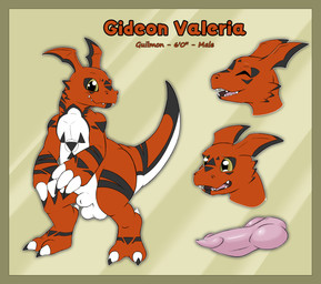 animal_genitalia balls biped bipedal_feral border claws ear_fins expressions feral fin genitals hazard_symbol knot knotted_penis male penis sheath slightly_chubby slightly_chubby_male solo stated_gender stated_height stripes symbol tail thick_tail yellow_border kerilyn bandai_namco digimon gideon_(kerilyn) digimon_(species) guilmon hi_res model_sheet