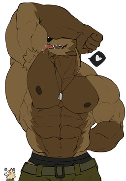 5_fingers abs ambiguous_gender anthro biceps big_muscles black_clothing black_underwear blush bodily_fluids bottomwear brown_body brown_claws brown_countershading claws clothed clothing countershade_face countershade_fur countershade_neck countershade_torso countershading deltoids dog_tags duo emanata fangs finger_claws fingers front_view frustration_cloud fur furrowed_eyebrows green_bottomwear green_clothing hand_behind_back heart_symbol huge_muscles licking licking_arm licking_bicep looking_at_another looking_back looking_back_at_another male mouth_closed muscular muscular_anthro muscular_male navel nipples obliques obscured_eyes open_mouth open_smile pecs raised_arm rear_view red_tongue saliva saliva_on_tongue self_lick simple_background smile snout solo_focus tan_body tan_countershading tan_fur teeth tongue topless topless_anthro topless_male trapezius underwear underwear_showing white_background wolfblack43 vlatt23_pose than-wa_(wolfblack43) canid mammal 2026 colored half-length_portrait hi_res portrait
