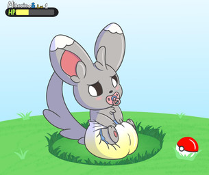 blush bodily_fluids clothed clothing diaper fur genital_fluids grass grey_body grey_fur male object_in_mouth outside pacifier pacifier_in_mouth peeing plant pokeball solo unclean_diaper urine used_diaper wearing_diaper wet_diaper wetting meowstic_(artist) nintendo pokemon generation_5_pokemon minccino pokemon_(species) 2016 hi_res