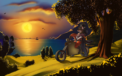 anthro blue_eyes bodily_fluids bottomless brown_body brown_fur brown_hair clothed clothing cloud duo eyewear female fingering fur genital_fluids glasses grass green_eyes grey_body grey_fur hair hill male motorcycle mountain off_shoulder orange_body orange_fur plant romantic romantic_ambiance romantic_couple sea ship sky sunset tree vaginal_fluids vehicle water watercraft white_body white_fur feretta tale_of_tails mirial_mon_siviel vandrick_amadeus_dread canid canine canis fox mammal wolf 16:10 digital_media_(artwork) hi_res shaded widescreen