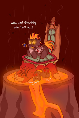ambiguous_feral ambiguous_gender baby_talk black_body black_fur chair chest_tuft dialogue empty_eyes fangs feral front_view fur furniture glowing glowing_eyes group hair hell hooves lava looking_at_viewer mouth_hold neonate orange_hair orange_tail red_eyes side_view tail teeth text trio tuft wand yellow_eyes young young_ambiguous young_feral carpdime fluffy_pony demonfluff fluffy_pony_(species) mammal digital_media_(artwork) english_text hi_res shaded