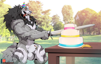 animal_genitalia animal_penis anthro balls banana black_mane black_nose cake canine_genitalia canine_penis clothing dessert fangs fingers food fruit fur furgonomic_piercing furgonomics genital_piercing genitals grey_body grey_fur hat headgear headwear humanoid_hands male mane melee_weapon muscular muscular_anthro muscular_male nude nude_anthro nude_male open_mouth open_smile party_hat penis piercing plant ring_piercing sheath sheath_piercing sheath_ring smile solo sword tail teeth weapon patto mythology mjodvitnir canid canine canis mammal mythological_canine mythological_creature werecanid werecanine werecreature werewolf wolf hi_res