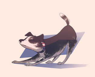 collar eyes_closed feral fur multicolored_body multicolored_fur quadruped raised_tail solo stretching tail toony itsdanfango canid canine canis domestic_dog mammal 2019 hi_res