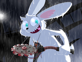 ambiguous_gender anthro blood bodily_fluids cross cross_necklace fur head_tuft holding_object holding_weapon jewelry light looking_at_viewer necklace nude open_mouth open_smile raining sharp_teeth smile solo teeth tuft weapon white_body white_fur hydrabb lagomorph leporid mammal rabbit 2020 4:3 absurd_res digital_media_(artwork) hi_res lighting lineless