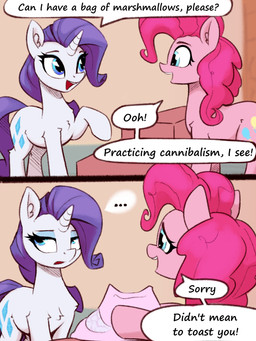 blue_eyes cutie_mark dialogue duo eyeshadow female feral fur hair hooves horn inside long_hair makeup pink_body pink_fur pink_hair purple_hair purple_tail quadruped tail talking_feral teeth text unicorn_horn white_body white_fur rnghat friendship_is_magic hasbro my_little_pony mythology pinkie_pie_(mlp) rarity_(mlp) earth_pony equid equine horse mammal mythological_creature mythological_equine pony unicorn 3:4 absurd_res comic english_text hi_res