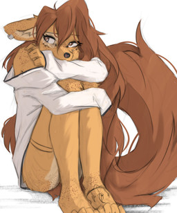 5_fingers anthro biped brown_eyes brown_hair brown_tail butt clothed clothed_anthro clothed_female clothing ear_piercing eyelashes feet female fingers freckled_butt freckled_ears freckled_face freckled_legs freckled_shoulders freckles front_view fur hair inner_ear_fluff long_eyelashes pantsless pantsless_anthro pantsless_female partially_clothed partially_clothed_anthro partially_clothed_female piercing simple_background sitting solo speckle_freckles tail tan_body tan_fur tattoo toes tuft tinygaypirate apogee_(tinygaypirate) canid canine canis domestic_dog mammal 2026 absurd_res digital_drawing_(artwork) digital_media_(artwork) hi_res