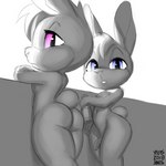 anthro butt duo female flaccid foreskin genitals male male/female nude penis small_penis standing wide_hips third-party_edit xylas lagomorph leporid mammal rabbit 1:1 redraw