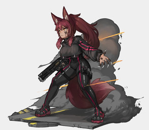 big_breasts breasts claws clothing female footwear gun hair holding_gun holding_object holding_ranged_weapon holding_weapon latex looking_aside ponytail ranged_weapon red_hair road shoes simple_background smoke solo standing tail weapon white_background zipper paintrfiend animal_humanoid canid canid_humanoid humanoid mammal mammal_humanoid 2026 hi_res
