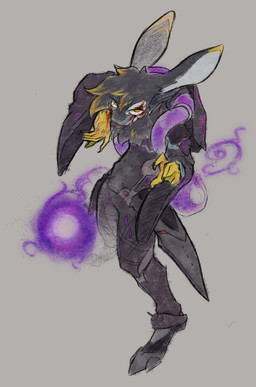 action_pose anthro armor black_body black_fur blonde_highlights blood blood_on_face blood_on_hand bodily_fluids cosplay digitigrade ear_markings emanata fur head_tuft highlights_(coloring) long_ears looking_at_viewer magic neck_tuft open_mouth pose slouching tuft yellow_eyes mendobear blizzard_entertainment overwatch moira_(overwatch) lagomorph leporid mammal rabbit colored_pencil_(artwork) graphite_(artwork) hi_res traditional_media_(artwork)