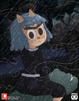 anthro blue_hair blush butt clothing dress eyebrows female forest forest_background fur hair loli looking_at_viewer looking_back looking_back_at_viewer nature nature_background plant raining riding riding_on_back tan_body tan_fur text tree unibrow wind young young_anthro minus_class cartoon_network summer_camp_island mildred_mccallister amphibian domestic_cat felid feline felis frog mammal absurd_res hi_res url
